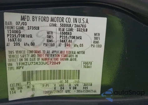 2003 Ford Explorer Nbx/Xlt z USA, uszkodzony, nr VIN 1FMZU73K33UC72049